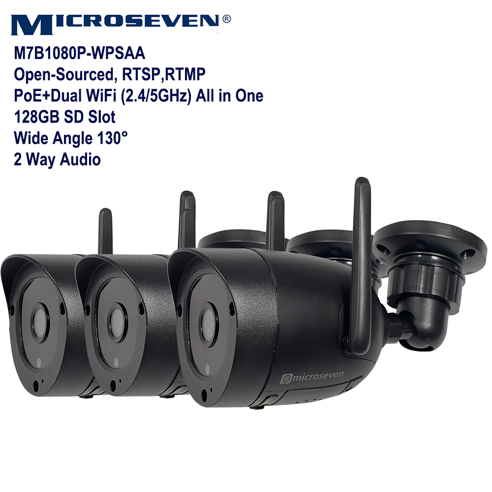3x Microseven Professional Open Source Security Camera, Remote Managed,30fps, IP Network Camera, Full HD 1080P (1920x1080p), PoE + Dual Band Wi-Fi (2.4/5GHz) All in One, Compatible Starlink Wi-Fi, Wide Angle, Smart Motion Detection, Outdoor & Indoor (IP 66), Night Vision, 128GB SD Slot, Two-Way Audio, ONVIF, Web GUI & Apps, CMS (Camera Management System), M7RSS (Video Recorder Server), Cloud Storage, Broadcasting on YouTube and Microseven