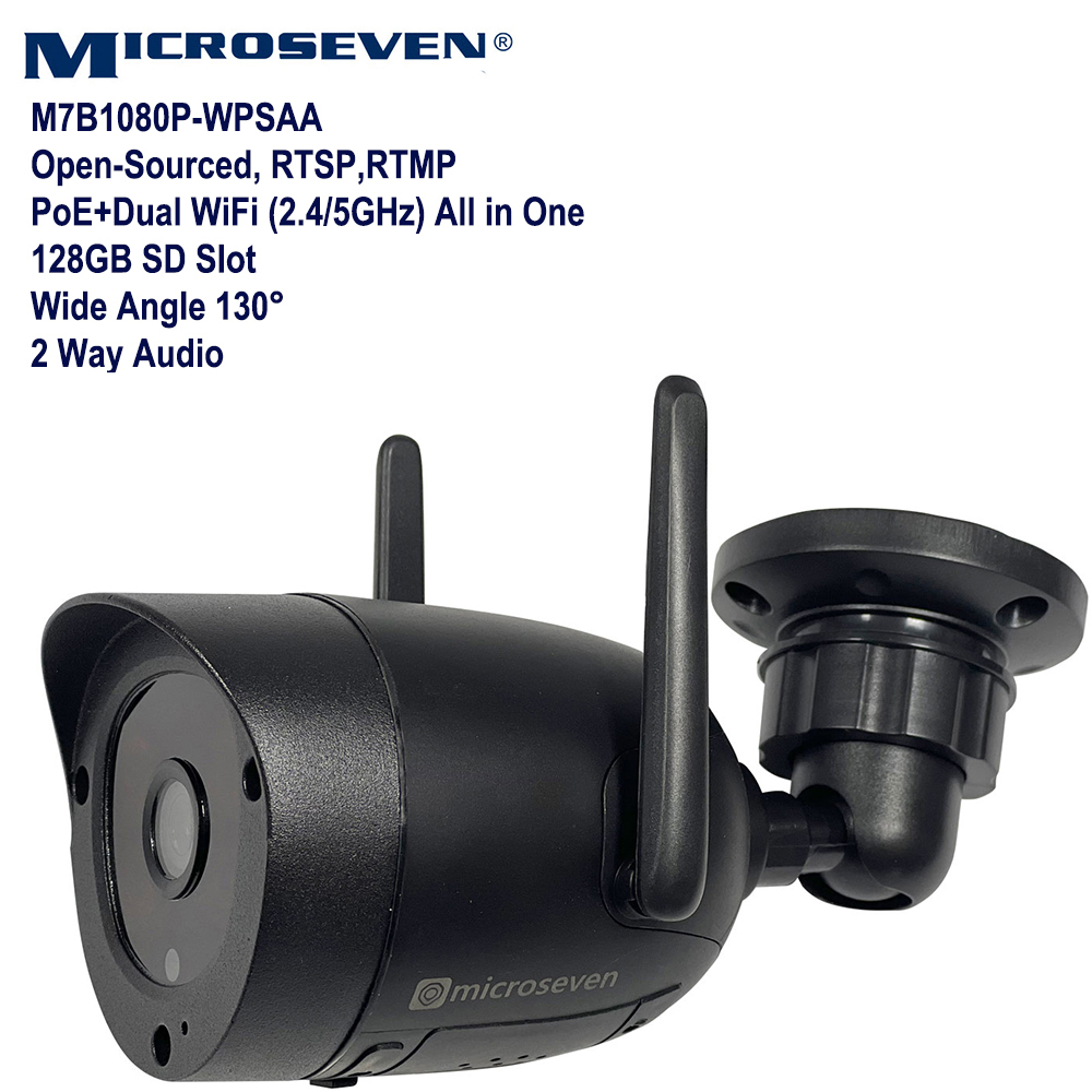 Microseven Professional Open Source Security Camera, Remote Managed, 30fps, IP Network, Full HD 1080P (1920x1080p), PoE + Dual Band Wi-Fi (2.4/5GHz) All in One, Compatible Starlink Wi-Fi, Wide Angle, Smart Motion Detection, Outdoor & Indoor (IP 66), Night Vision, 128GB SD Slot, Two-Way Audio, ONVIF, Web GUI & Apps, CMS (Camera Management System), M7RSS (Video Recorder Server), Cloud Storage, Broadcasting on YouTube and Microseven