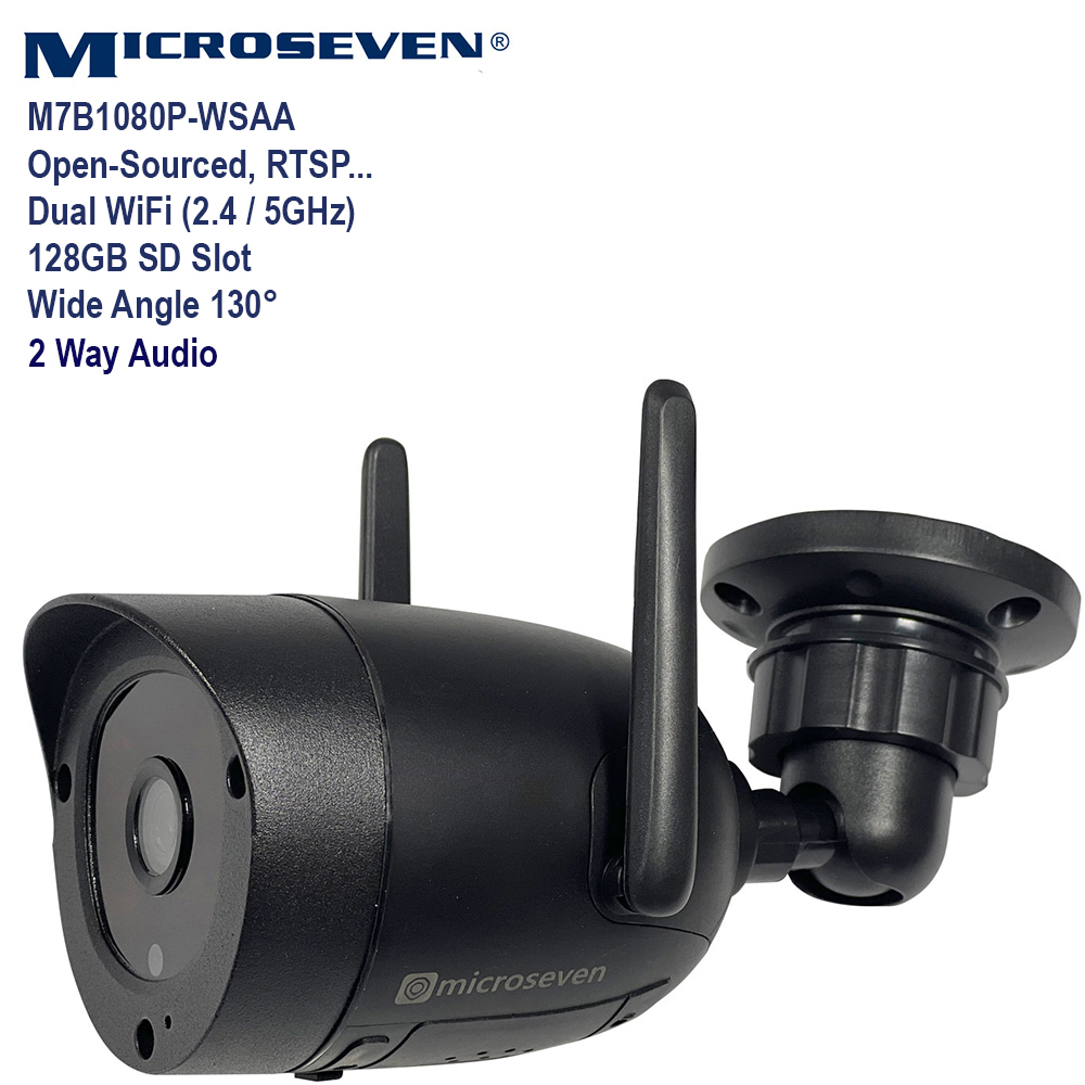 Microseven Professional Open Source Security Camera, Remote Managed, 30fps, Bullet Type, IP Network, Full HD 1080P (1920x1080p), Dual Band Wi-Fi (2.4/5GHz), Compatible Starlink Wi-Fi, Wide Angle, Smart Motion Detection, Outdoor & Indoor (IP 66), Night Vision, 128GB SD Slot, Two-Way Audio, ONVIF, Web GUI & Apps, CMS (Camera Management System), M7RSS (Video Recorder Server), Cloud Storage, Broadcasting on YouTube and Microseven