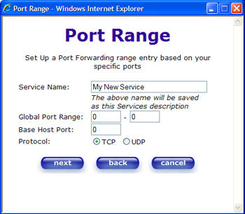Westell-router port range Setup