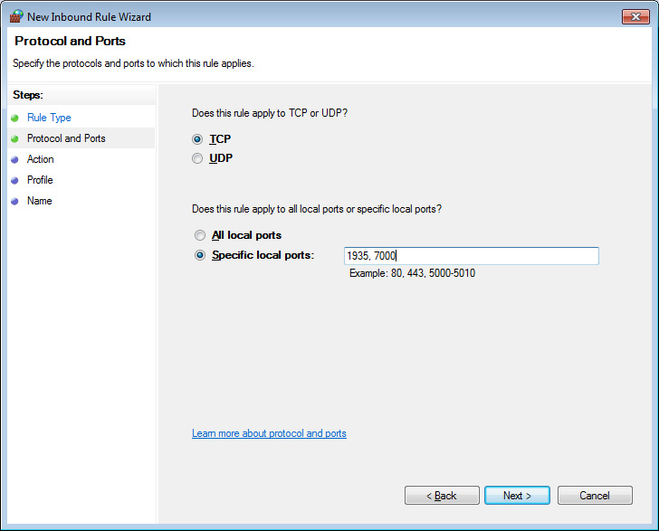 Open port 1935, 7000 from windows firewall