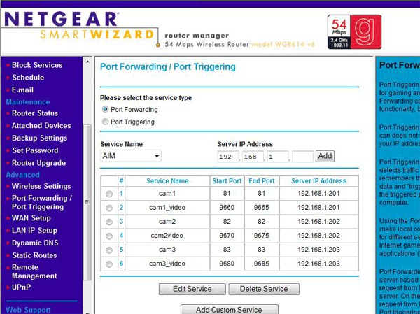 cam1, cam2, cam3 port forwarding