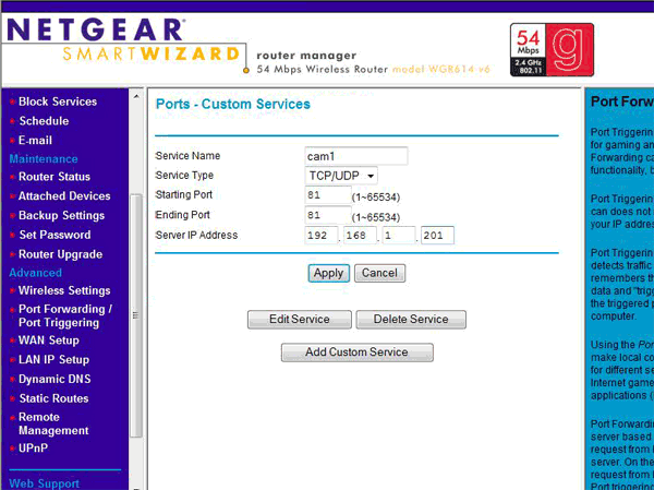 cam1 port forwarding setup