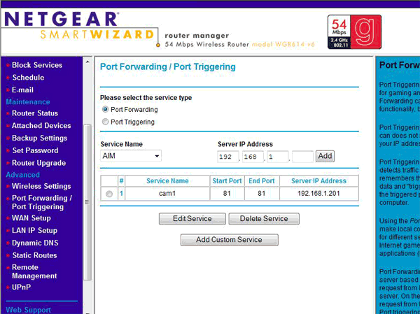 cam1 port forwarding setup