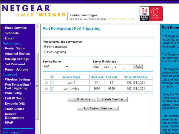 cam1 port forwarding fishined