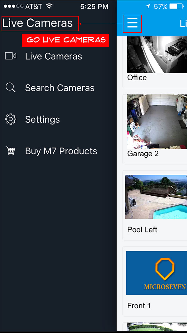 Tap on menu and go to Live Cameras