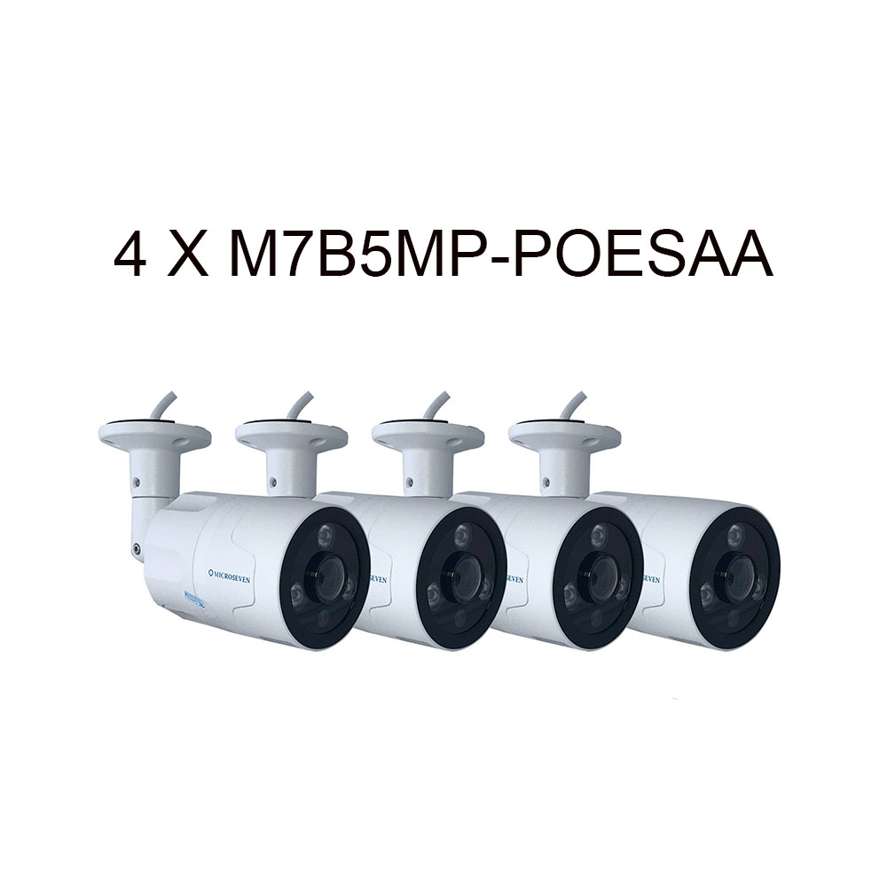 4X Microseven Open Source 5MP (2560x1920) UltraHD PoE Indoor / Outdoor IP Camera, Sony Chipset CMOS 5MP Lens, Certified Works with Alexa with No Monthly Fee, Two-Way Audio Wide Angle (170°), IR, Human Motion Detection IP Camera, 128GB SD Slot, Night Vision Bullet PoE IP Camera, Waterproof Security Camera, ONVIF CCTV Surveillance Camera, Web GUI & Apps, VMS (Video Management System) M7 Cloud Storage+ Broadcasting on YouTube, Facebook & Microseven.tv