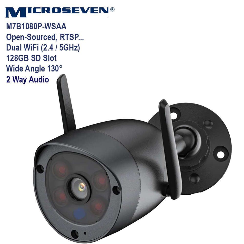 Microseven Professional Open Source Security Camera, Remote Managed, 30fps, Bullet Type, IP Network, Full HD 1080P (1920x1080p), Dual Band Wi-Fi (2.4/5GHz), Compatible Starlink Wi-Fi, Wide Angle, Smart Motion Detection, Outdoor & Indoor (IP 66), Night Vision, 128GB SD Slot, Two-Way Audio, ONVIF, Web GUI & Apps, CMS (Camera Management System), M7RSS (Video Recorder Server), Cloud Storage, Broadcasting on YouTube and Microseven