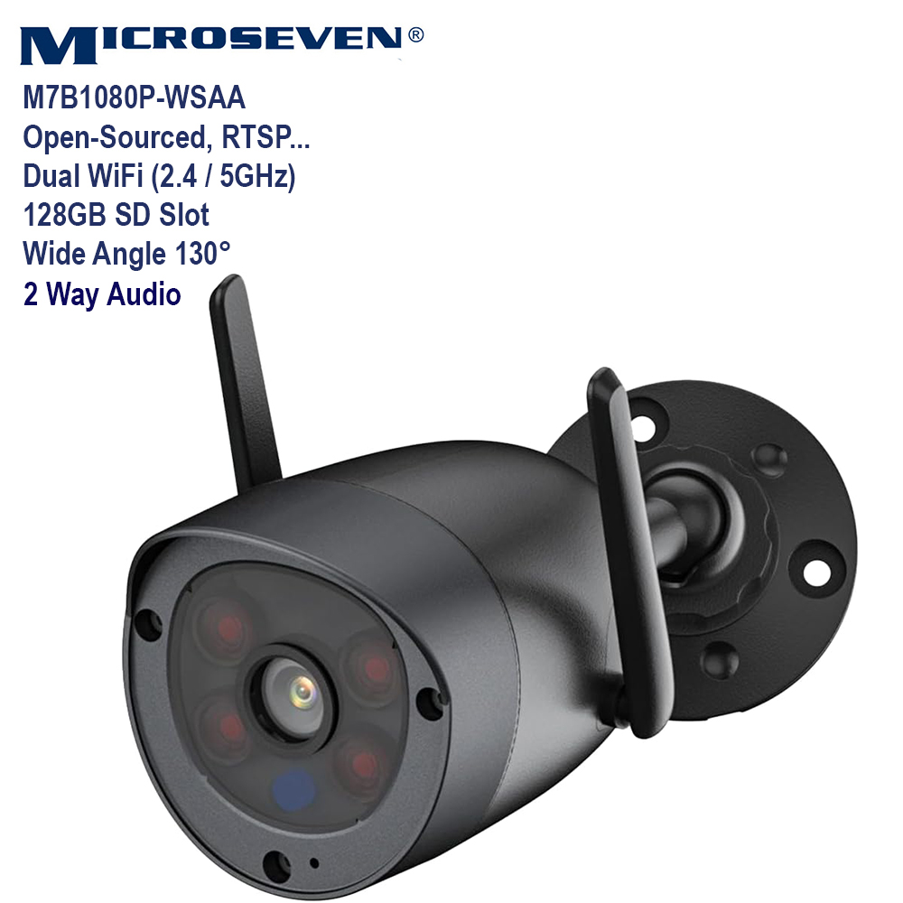 Microseven Professional Open Source Security Camera, Remote Managed, Bullet Type, IP Network, Full HD 1080P (1920x1080p), Dual Band Wi-Fi (2.4/5GHz), Compatible Starlink Wi-Fi, Wide Angle, Smart Motion Detection, Outdoor & Indoor (IP 66), Night Vision, 128GB SD Slot, Two-Way Audio, ONVIF, Web GUI & Apps, CMS (Camera Management System), M7RSS (Video Recorder Server), Cloud Storage, Broadcasting on YouTube and Microseven