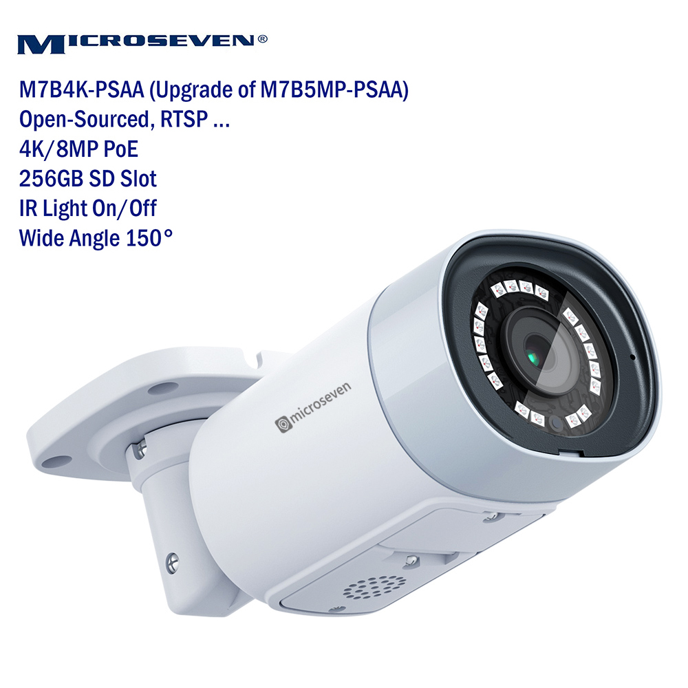 4x Microseven Open Source Ultra HD 4K/8MP(3840x2160) PoE SONY 1/2.8" Chipset CMOS 2.8mm 8MP Lens Ultra-Wide Angle, Two-Way Audio with Built-in Amplified Microphone and Speaker plug and Play ONVIF, IR Light (On/Off in the APP) Security Outdoor IP Camera, Human/Vehicle Detection, 256GB SD Slot, Day & Night, Web GUI & Apps, CMS (Camera Management System) M7 Cloud Storage and Broadcasting on YouTube & Microseven
