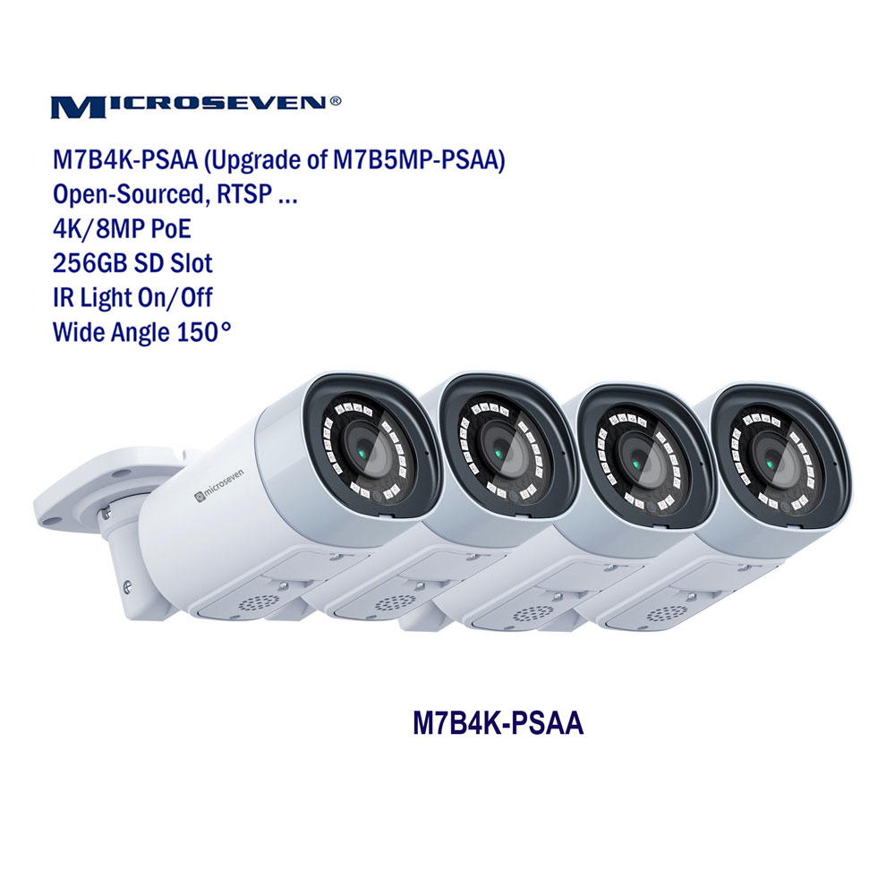 4-pack Microseven open source 4k/8mp (3840x2160p) PoE ip camera, security camera, wide angle, weatherproof ip66, two-way audio, IR light (soft switch on/off through app), human/vehicle detection, 256GB SD slot, browser access managed