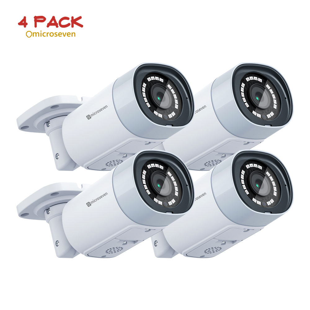 4-pack Microseven open source 4k/8mp (3840x2160p) PoE ip camera, security camera, wide angle, weatherproof ip66, two-way audio, IR light (soft switch on/off through app), human/vehicle detection, 256GB SD slot, browser access managed