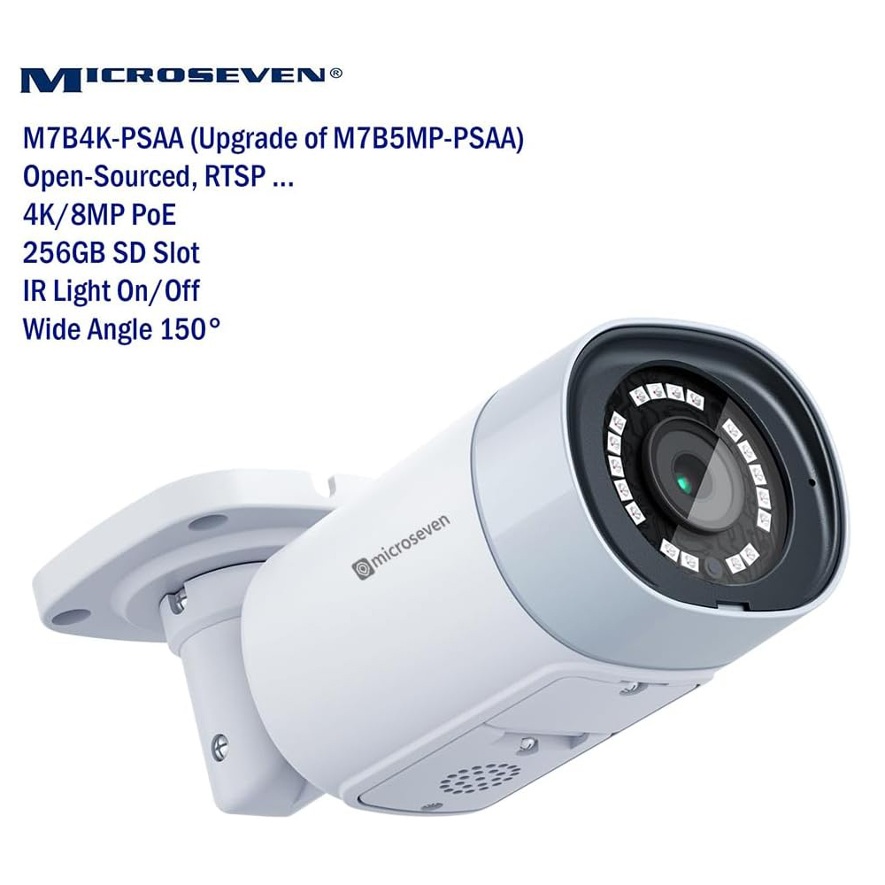 Microseven Professional Open Source Security Camera, Remote Managed, Bullet Type, IP Network, UltraHD 4K/8MP (3840x2160), PoE, Wide Angle, Smart Motion Detection, Outdoor & Indoor (IP 66), IR Soft-Switch On/Off Night Vision, 256GB SD Slot, Two-Way Audio, ONVIF, Web GUI & Apps, CMS (Camera Management System), M7RSS (Video Recorder Server), Cloud Storage, Broadcasting on YouTube and Microseven