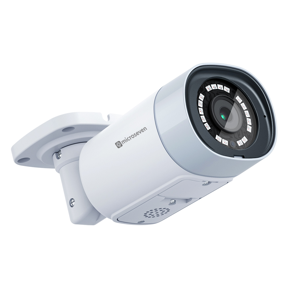 Microseven Professional Open Source Security Camera, Remote Managed, Bullet Type, IP Network, UltraHD 4K/8MP (3840x2160), PoE, Wide Angle, Smart Motion Detection, Outdoor & Indoor (IP 66), IR Soft-Switch On/Off Night Vision, 256GB SD Slot, Two-Way Audio, ONVIF, Web GUI & Apps, CMS (Camera Management System), M7RSS (Video Recorder Server), Cloud Storage, Broadcasting on YouTube and Microseven