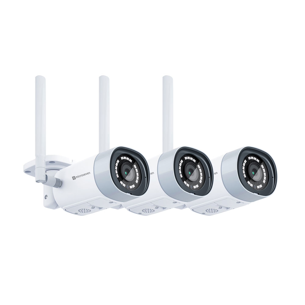 3x Microseven Open Source Ultra HD 4K/8MP(3840x2160) Duo 2 WiFi 2.4/5 GHz SONY 1/2.8" Chipset CMOS 2.8mm 8MP Lens Ultra-Wide Angle, Two-Way Audio with Built-in Amplified Microphone and Speaker plug and Play ONVIF, IR Light (On/Off in the APP) Security Outdoor IP Camera, Human/Vehicle Detection, 256GB SD Slot, Day & Night, Web GUI & Apps, CMS (Camera Management System) M7 Cloud Storage and Broadcasting on YouTube & Microseven