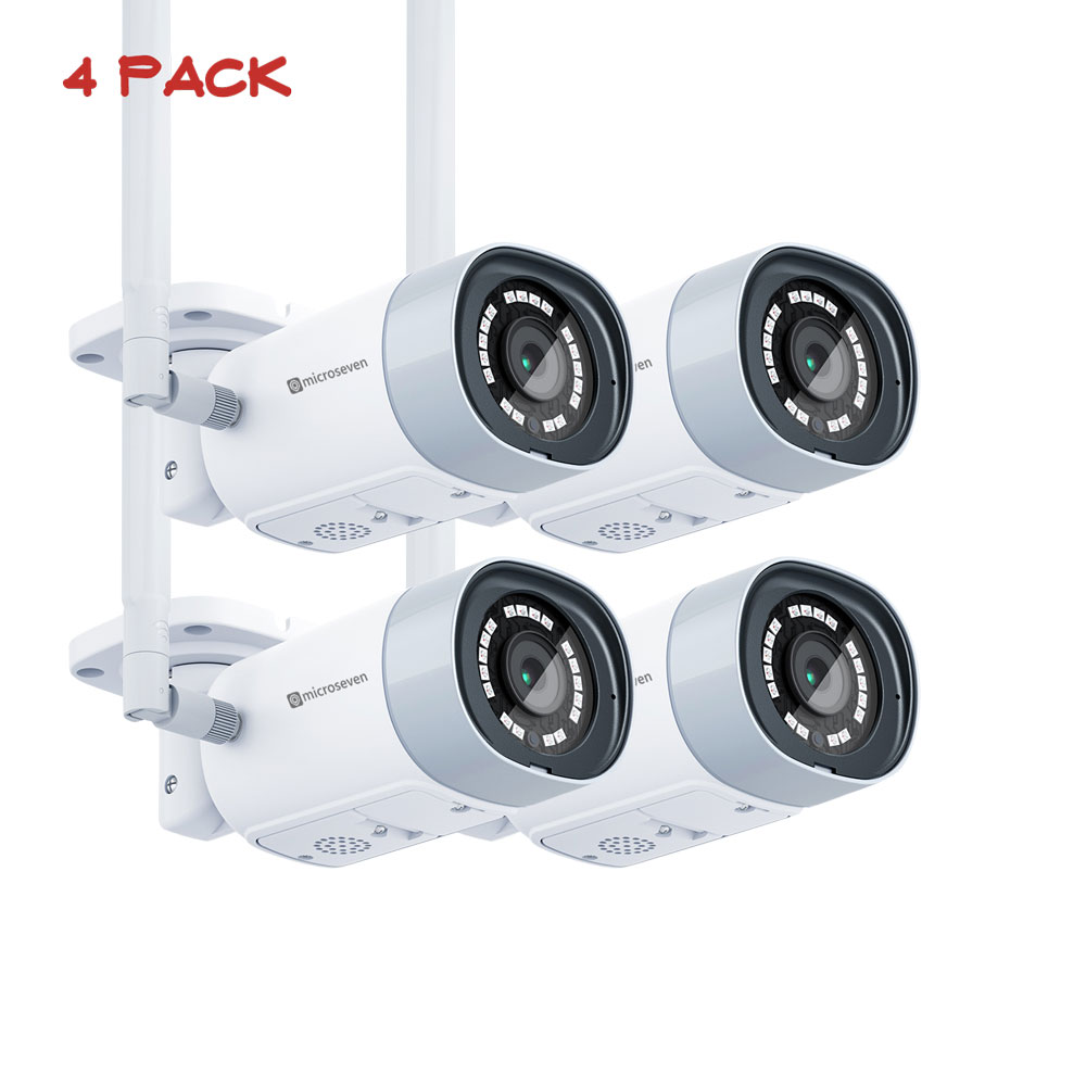 4x Microseven Open Source Ultra HD 4K/8MP(3840x2160) Duo 2 WiFi 2.4/5 GHz SONY 1/2.8" Chipset CMOS 2.8mm 8MP Lens Ultra-Wide Angle, Two-Way Audio with Built-in Amplified Microphone and Speaker plug and Play ONVIF, IR Light (On/Off in the APP) Security Outdoor IP Camera, Human/Vehicle Detection, 256GB SD Slot, Day & Night, Web GUI & Apps, CMS (Camera Management System) M7 Cloud Storage and Broadcasting on YouTube & Microseven
