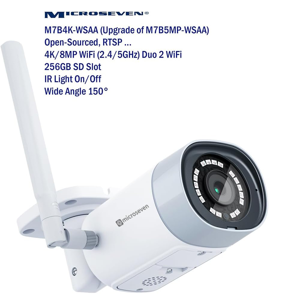 Microseven Professional Open Source Security Camera, Remote Managed, Bullet Type, IP Network, UltraHD 4K/8MP, (3840x2160), Dual band WiFi (2.4/5GHz), Wide Angle, Smart Motion Detection, Outdoor & Indoor (IP 66), IR Soft-Switch On/Off Night Vision, 256GB SD Slot, Two-Way Audio, ONVIF, Web GUI & Apps, CMS (Camera Management System), M7RSS (Video Recorder Server), Cloud Storage, Broadcasting on YouTube and Microseven