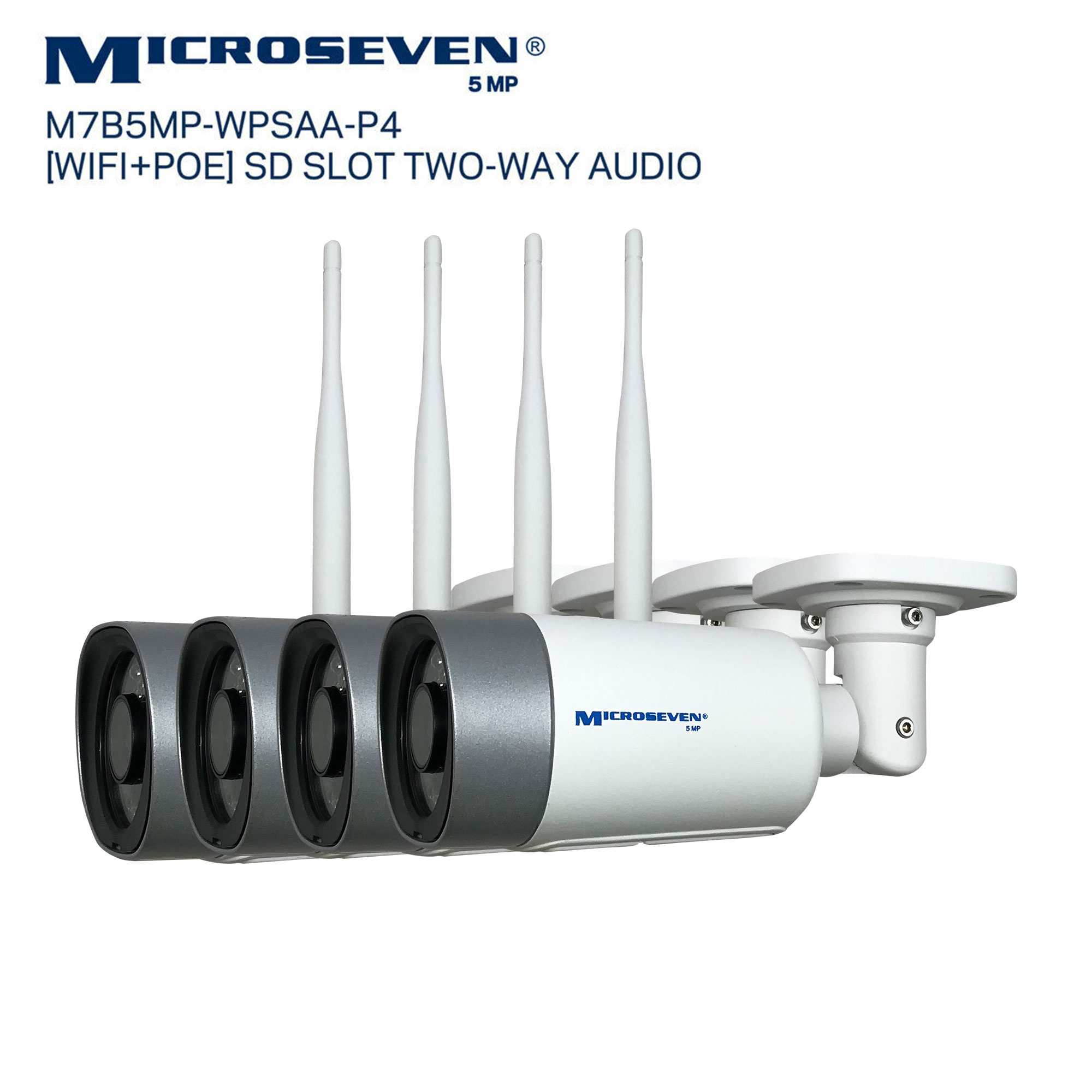 Microseven M7B5MP-WPSAA-P4 Microseven Open Source 5MP (2560x1920) Ultra HD [WiFi + PoE] All in One SONY 1/2.8" Chipset CMOS 3.6mm 5MP Lens Two-Way Audio with Built-in Amplified Microphone and Speaker plug and Play ONVIF, IR Light (On/Off in the APP) Security Outdoor IP Camera, Motion Detection, 128GB SD Slot, Day & Night, Web GUI & Apps, VMS (Video Management System) Free 24hr M7 Cloud Storage, Works with Alexa