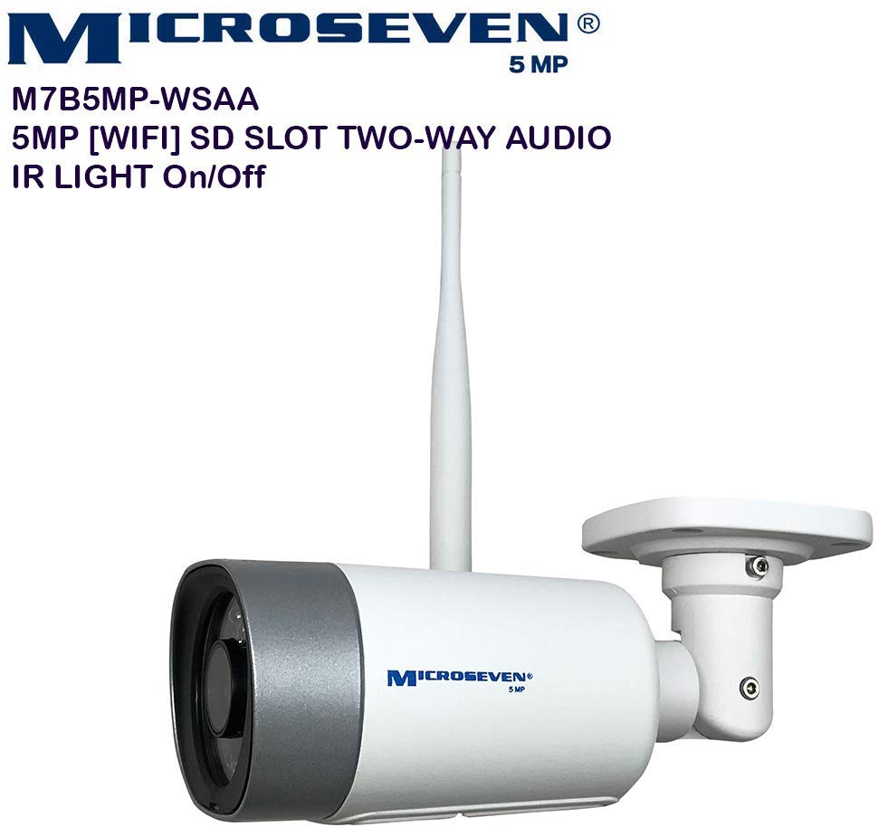 Microseven M7B5MP-WPSAA-P4 Microseven Open Source 5MP (2560x1920) Ultra HD [WiFi + PoE] All in One SONY 1/2.8" Chipset CMOS 3.6mm 5MP Lens Two-Way Audio with Built-in Amplified Microphone and Speaker plug and Play ONVIF, IR Light (On/Off in the APP) Security Outdoor IP Camera, Motion Detection, 128GB SD Slot, Day & Night, Web GUI & Apps, VMS (Video Management System) Free 24hr M7 Cloud Storage, Works with Alexa
