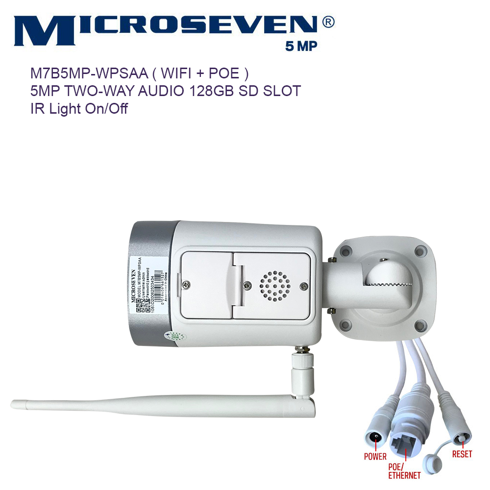 Microseven Open Source 5MP (2560x1920) Ultra HD [WiFi + PoE] All in One SONY 1/2.8" Chipset CMOS 3.6mm 5MP Lens Two-Way Audio with Built-in Amplified Microphone and Speaker plug and Play ONVIF, IR Light (On/Off in the APP) Security Indoor / Outdoor IP Camera, Human Motion Detection, 128GB SD Slot, Day & Night, Web GUI & Apps, VMS (Video Management System) Free 24hr M7 Cloud Storage, Works with Alexa with No Monthly Fee+ Broadcasting on YouTube, Facebook & Microseven.tv