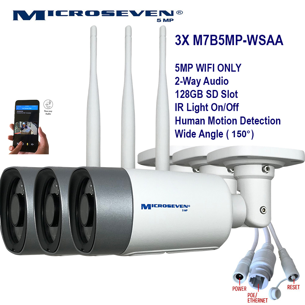 3X Microseven (2020)Open Source 5MP (2560x1920) UltraHD [Wi-Fi] or Wired SONY 1/2.8" Chipset CMOS 2.8mm 5MP Lens Wide Angle (150°) Two-Way Audio with Built-in Amplified Microphone and Speaker plug and Play ONVIF, IR Light (On/Off in the APP) Security Indoor / Outdoor IP Camera, Human Motion Detection, 128GB SD Slot, Day & Night, Web GUI & Apps, VMS (Video Management System) Free 24hr M7 Cloud Storage, Works with Alexa with No Monthly Fee+ Broadcasting on YouTube, Facebook & Microseven.tv