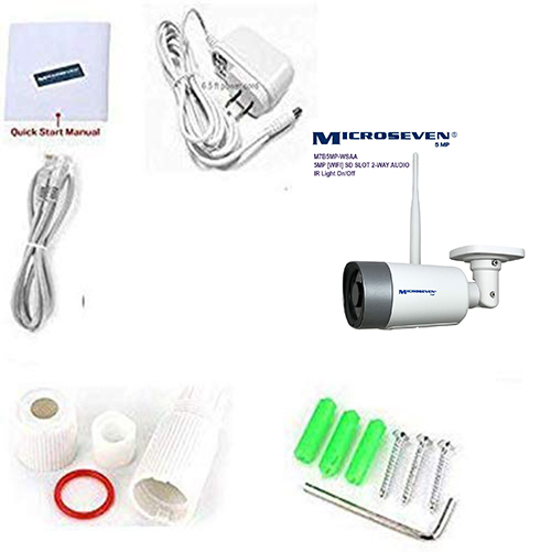 Microseven (2020)Open Source 5MP (2560x1920) UltraHD [ Wi - Fi ] or Wired SONY 1/2.8" Chipset CMOS 2.8mm 5MP Lens Wide Angle (150°)  Two-Way Audio with Built-in Amplified Microphone and Speaker plug and Play ONVIF, IR Light (On/Off in the APP) Security Indoor / Outdoor IP Camera, A.I. Human Motion Detection, 128GB SD Slot, Day & Night, Web GUI & Apps, VMS (Video Management System) Free 24hr M7 Cloud Storage, Works with Alexa with No Monthly Fee+ Broadcasting on YouTube, Facebook & Microseven.tv