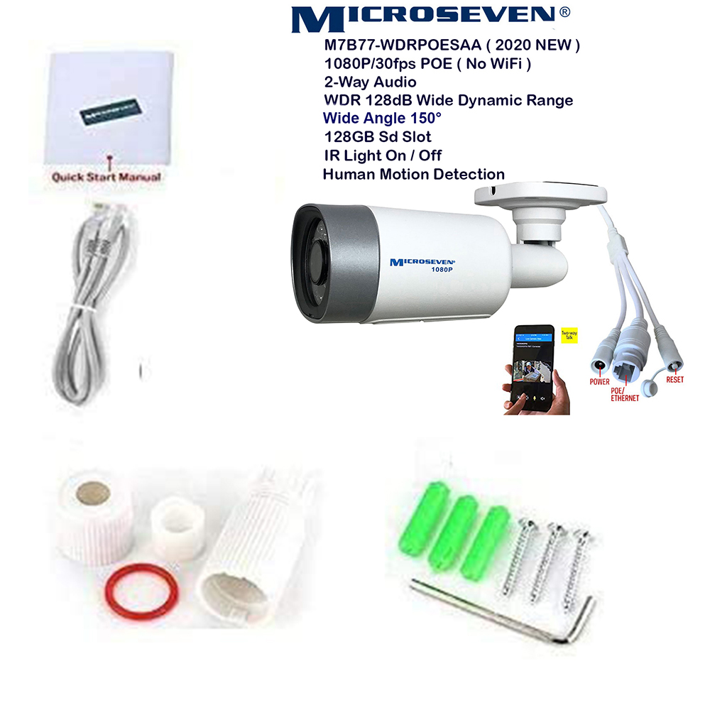 Microseven (2020) Open Source 1080P / 30fps True WDR (120dB Wide Dynamic Range), Sony Chipset CMOS ProHD POE Outdoor IP Camera, Amazon Certified Works with Alexa, Two-Way Audio with Built-in Amplified Microphone & Speaker, Wide Angle (150°), Human Motion Detection, 128GB SD Slot, Night Vision IR Light (On/Off ), Waterproof Security Camera, ONVIF CCTV Surveillance Camera, Web GUI & Apps,VMS (Video Management System)Works with Alexa No Monthly Fee+ Broadcasting on YouTube, Facebook & Microseven.tv