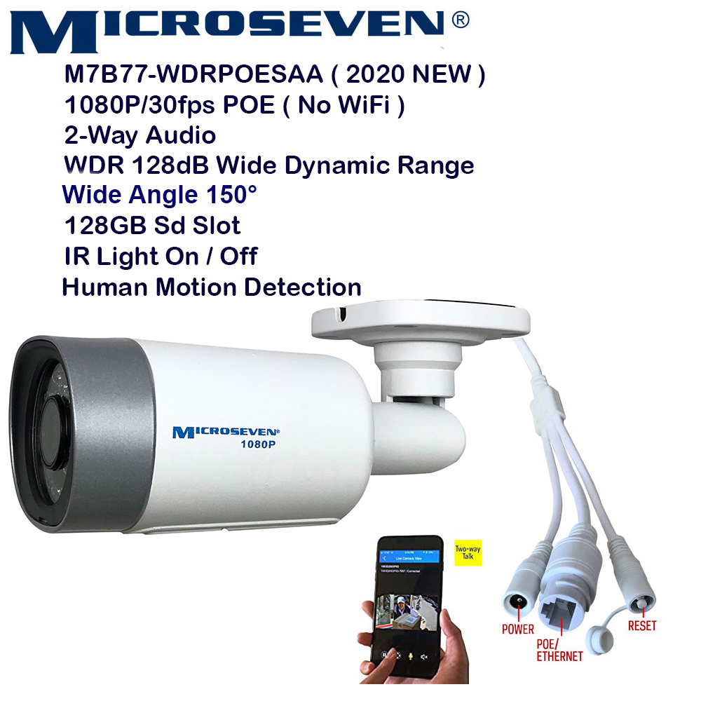 Microseven (2020) Open Source 1080P / 30fps True WDR (120dB Wide Dynamic Range), Sony Chipset CMOS ProHD POE Outdoor IP Camera, Amazon Certified Works with Alexa, Two-Way Audio with Built-in Amplified Microphone & Speaker, Wide Angle (150°), Human Motion Detection, 128GB SD Slot, Night Vision IR Light (On/Off ), Waterproof Security Camera, ONVIF CCTV Surveillance Camera, Web GUI & Apps,VMS (Video Management System)Works with Alexa No Monthly Fee+ Broadcasting on YouTube, Facebook & Microseven.tv