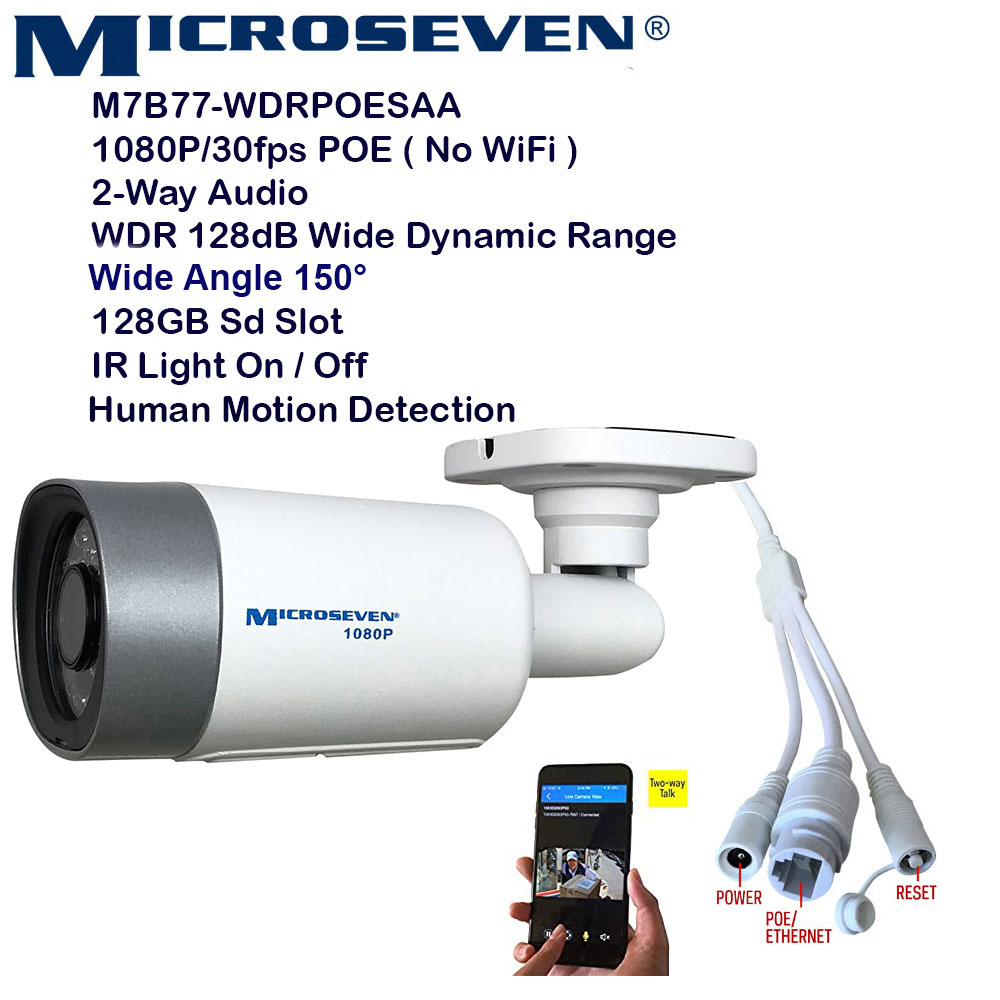 Microseven Open Source 1080P / 30fps True WDR (120dB Wide Dynamic Range), Sony Chipset CMOS ProHD POE Outdoor IP Camera, Amazon Certified Works with Alexa, Two-Way Audio with Built-in Amplified Microphone & Speaker, Wide Angle (150°), Human Motion Detection, 128GB SD Slot, Night Vision IR Light (On/Off ), Waterproof Security Camera, ONVIF CCTV Surveillance Camera, Web GUI & Apps,VMS (Video Management System)Works with Alexa No Monthly Fee+ Broadcasting on YouTube, Facebook & Microseven.tv