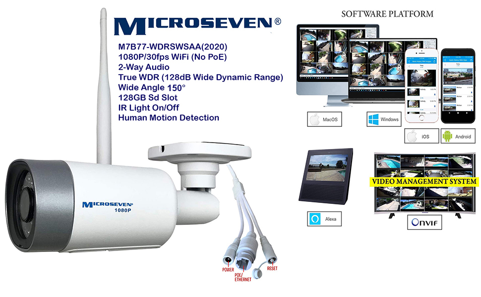 3X Microseven (2020) Open Source 1080P/30fps True WDR (120dB Wide Dynamic Range), Sony Chipset CMOS ProHD Wi-Fi Outdoor IP Camera,Amazon Certified Works with Alexa, Two-Way Audio with Built-in Amplified Microphone & Speaker, Wide Angle (150°), Human Motion Detection, 128GB SD Slot, Night Vision IR Light (On/Off ), Waterproof Security Camera, ONVIF CCTV Surveillance Camera,Web GUI & Apps,VMS (Video Management System)Works with Alexa No Monthly Fee+Broadcasting on YouTube, Facebook & Microseven.tv