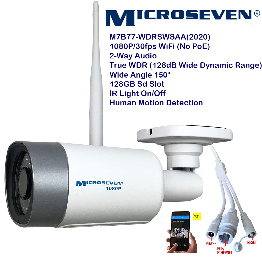 Microseven (2020) Open Source 1080P / 30fps True WDR (120dB Wide Dynamic Range), Sony Chipset CMOS ProHD WiFi Outdoor IP Camera, Amazon Certified Works with Alexa, Two-Way Audio with Built-in Amplified Microphone & Speaker, Wide Angle (150°), Human Motion Detection, 128GB SD Slot, Night Vision IR Light (On/Off), Waterproof Security Camera, ONVIF CCTV Surveillance Camera, Web GUI & Apps,VMS (Video Management System)Works with Alexa No Monthly Fee+Broadcasting on YouTube, Facebook & Microseven.tv