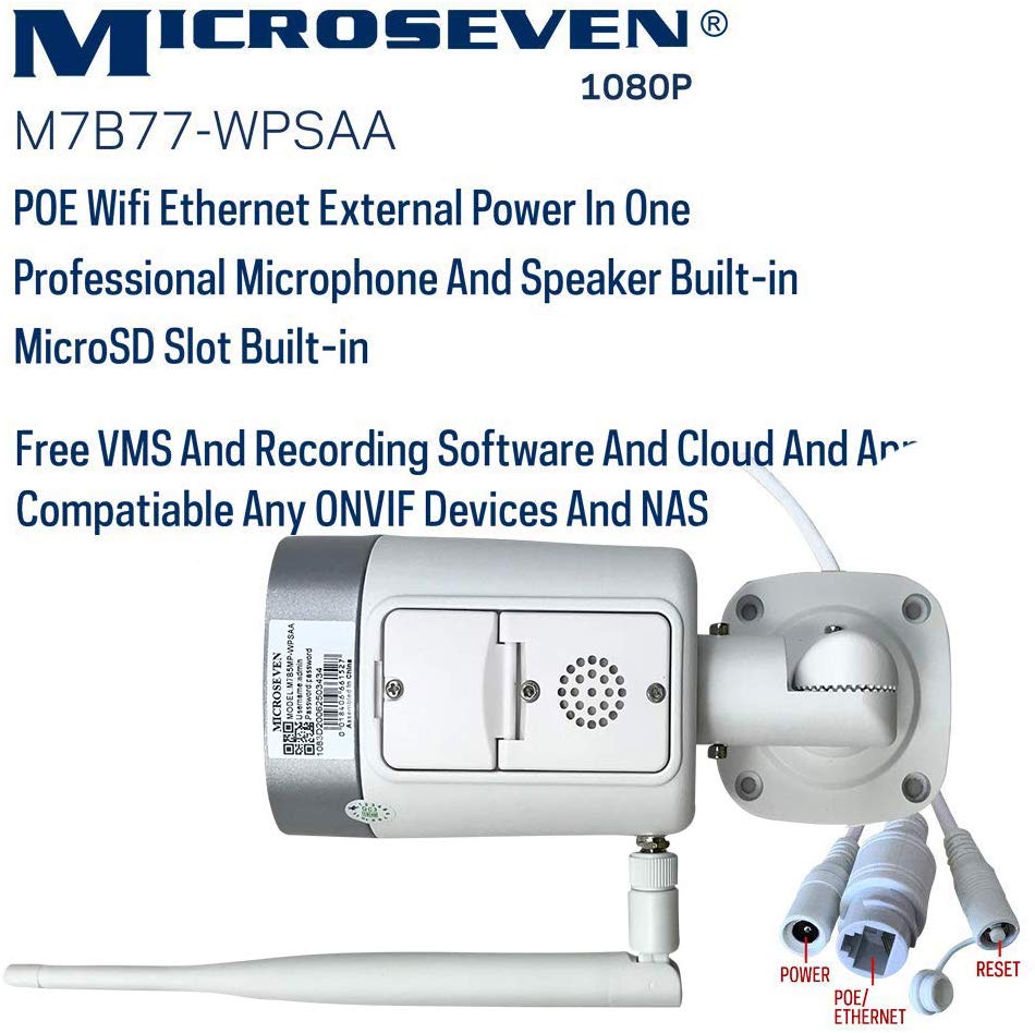 4x Microseven (2019 Updated) M7B77-WPSAA Open Source All in One HD 1080P /30fps [WiFi+PoE] SONY 1/2.8" Chipset CMOS 3.6mm 3MP Lens Two-Way Audio with Built-in Amplified Microphone and Speaker plug and Play ONVIF, IR Light (On/Off in the APP) Security Outdoor IP Camera 128GB SD Slot, Day & Night, Web GUI & Apps, VMS (Video Management System) Free 24hr M7 Cloud Storage, Works with Alexa