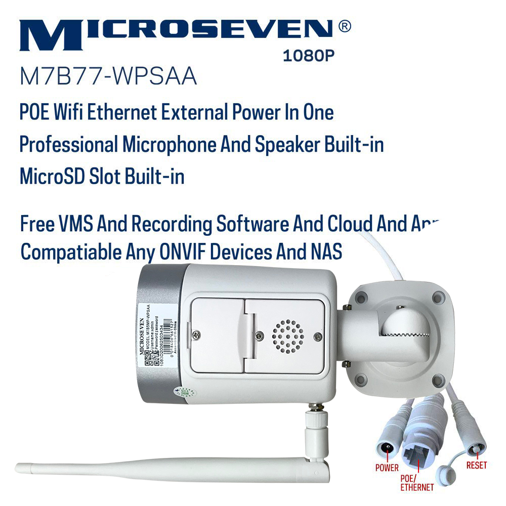 Microseven (2019 Updated) Open Source All in One ProHD 1080P /30fps [WiFi+PoE] SONY 1/2.8" Chipset CMOS 3.6mm 3MP Lens Two-Way Audio with Built-in Amplified Microphone and Speaker plug and Play ONVIF, IR Light  (On/Off in the APP) Security Indoor / Outdoor IP Camera 128GB SD Slot, Day & Night, Web GUI & Apps, VMS (Video Management System) Free 24hr M7 Cloud Storage, Works with Alexa with No Monthly Fee+ Broadcasting on YouTube, Facebook & Microseven.tv