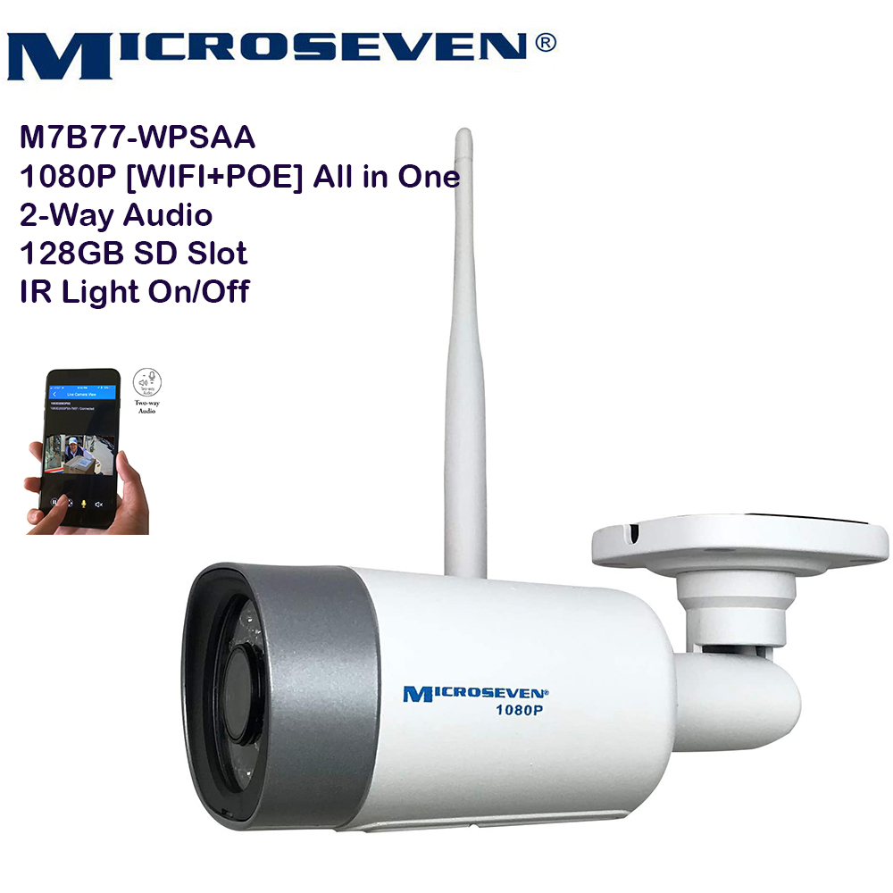 Microseven (2019 Updated) Open Source All in One ProHD 1080P /30fps [WiFi+PoE] SONY 1/2.8" Chipset CMOS 3.6mm 3MP Lens Two-Way Audio with Built-in Amplified Microphone and Speaker plug and Play ONVIF, IR Light  (On/Off in the APP) Security Indoor / Outdoor IP Camera 128GB SD Slot, Day & Night, Web GUI & Apps, VMS (Video Management System) Free 24hr M7 Cloud Storage, Works with Alexa with No Monthly Fee+ Broadcasting on YouTube, Facebook & Microseven.tv
