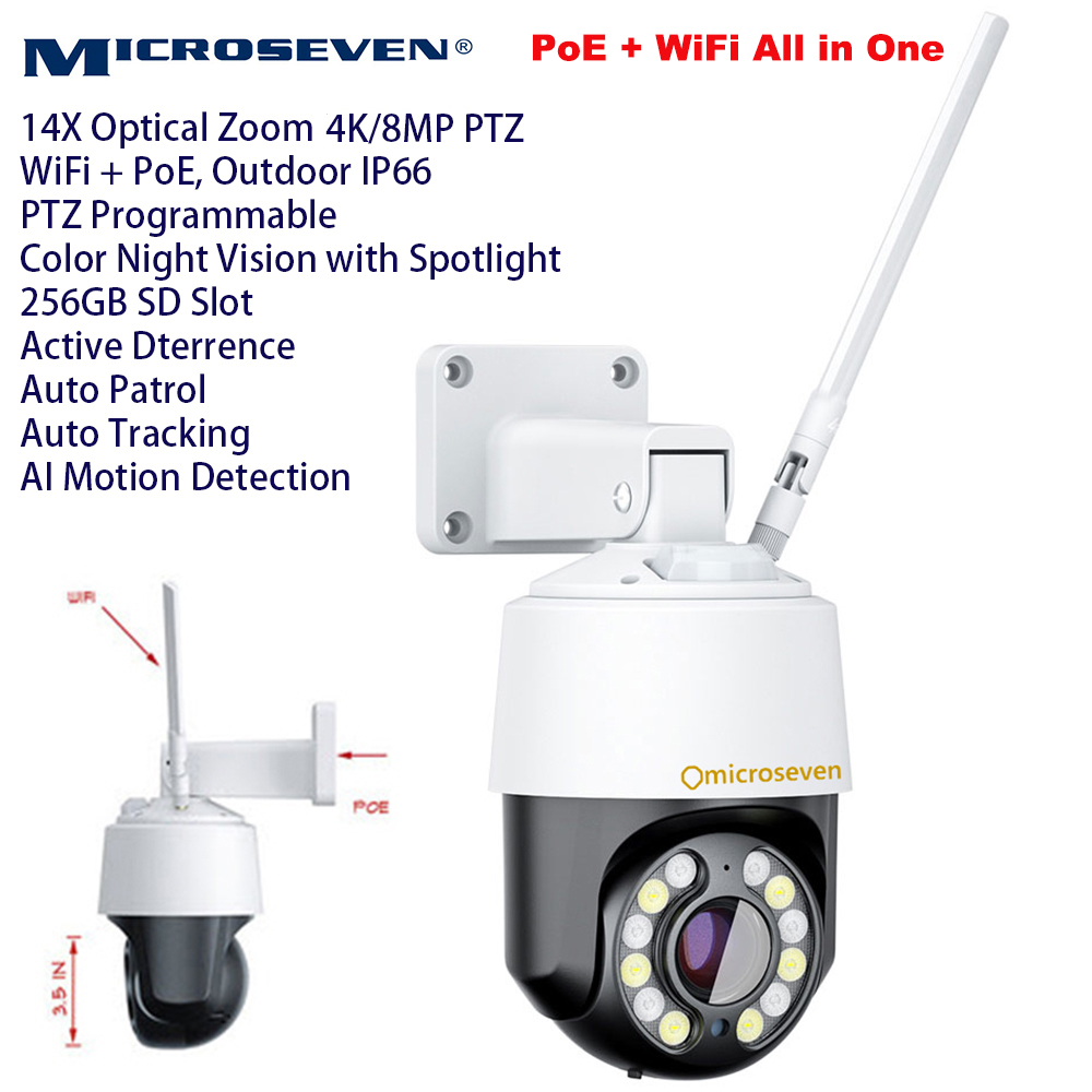 Microseven Professional Open Source Security Camera, Remote Managed, M7 14x Optical Zoom PTZ IP Camera, 8MP/4K (3840x2160p), 3.5 in, [WiFi+POE] All in One Motion, Tracking, IP66, Outdoor, Spotlight night vision, 2-Way Audios, FTP, Storage 256GB avail, Open source remote managed, ON-VIF, Web GUI & Apps, CMS, M7RSS, Cloud Storage, Broadcasting avail on YouTube, Meta and Microseven