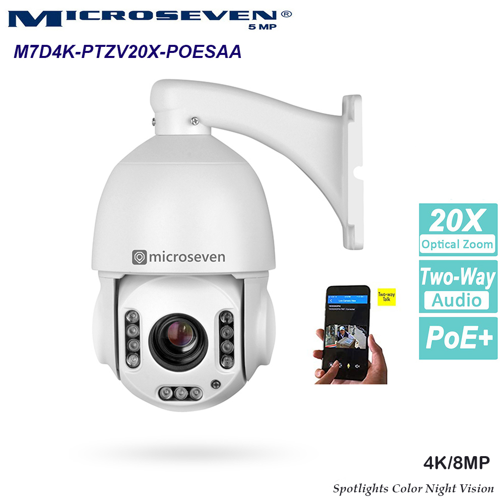 Microseven Professional Open Source, Remote Managed, 4K/8MP (3840X2160) UltraHD PoE+ 20X Optical Zoom Pan Tilt Speed Dome IP Camera, Smart Motion Detection & Auto Tracking, Indoor / Outdoor PTZ Camera, Spotlights Smart Color Night Vision 256GB SD Slot,Day & Night,Sony Starvis CMOS,IP66 Weatherproof, Two-Way Audio with Build-in Microphone & External Speaker (Included), Auto Cruise,ONVIF, Web GUI & Apps, CMS (Camera Management System), Cloud Storage + Broadcasting on YouTube and Microseven