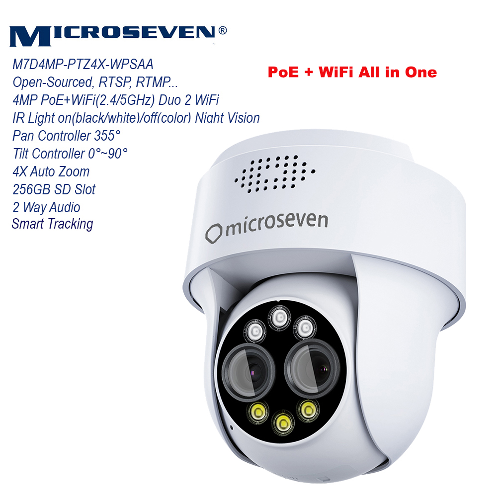 Microseven Professional Open Source Security Camera, Remote Managed, 4X Auto Zoom (PTZ), Auto Tracking, 4MP (2560x1440P), PoE + WiFi (2.4/5GHz), Smart Motion Detection, Indoor & Outdoor (IP 65), IR On/Off Color Night Vision, 256GB Storage avail, 2-Way Audio, ONVIF, Web GUI & Apps, CMS (Camera Management System), M7RSS (Video Recorder Server), Cloud Storage, Broadcasting on YouTube and Microseven