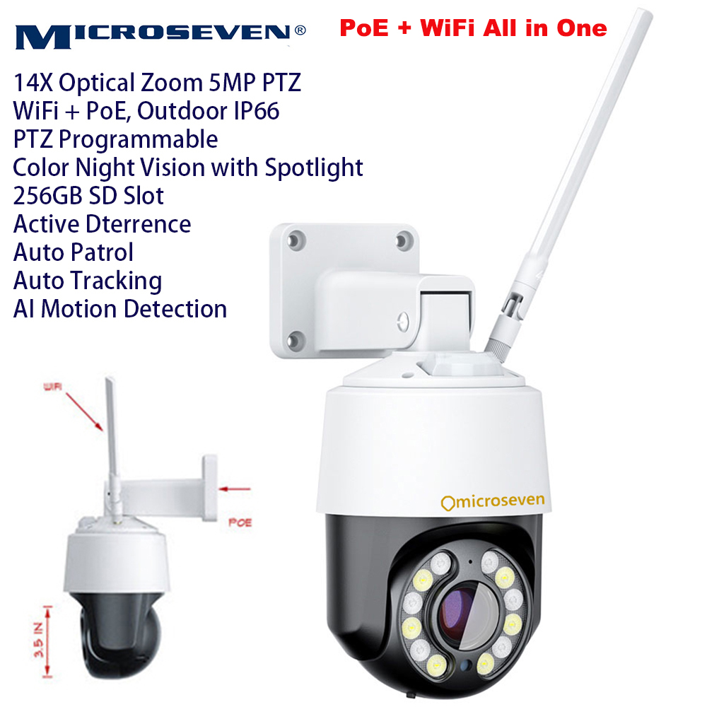 Microseven M7 Professional Open Source Security Camera, Remote Managed,14x optical zoom mini PTZ Security IP Camera, 5MP (2560x1920p), [WiFi+POE] All in One, Motion, PTZ auto-tracking, Light active deterrence (on/off switch), Outdoor weatherproof IP66, Spotlight and IR night vision, 2-way audio, FTP, microSD card slot 256gb,M7RSS (Video Recorder Server), Cloud Storage, Broadcasting on YouTube and Microseven