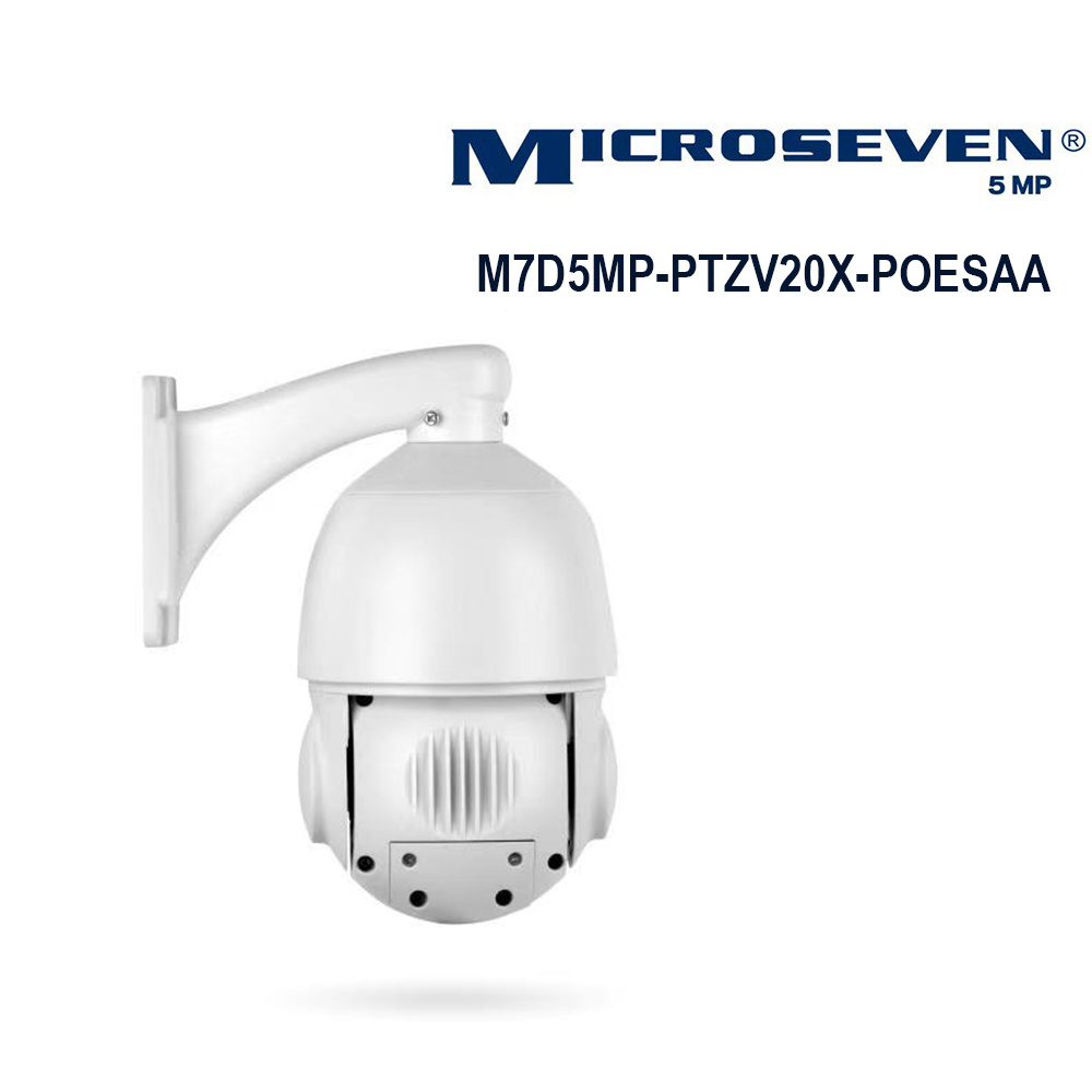 Microseven Professional Open Source, Remote Managed, 5MP (2560x1920) UltraHD PoE+ 20X Optical Zoom Pan Tilt Speed Dome IP Camera, Smart Motion Detection & Auto Tracking, Indoor / Outdoor PTZ Camera, Spotlights Smart Color Night Vision 256GB SD Slot,Day & Night,Sony Starvis CMOS,IP66 Weatherproof, Two-Way Audio with Build-in Microphone & External Speaker (Included), Auto Cruise,ONVIF, Web GUI & Apps, CMS (Camera Management System), Cloud Storage + Broadcasting on YouTube and Microseven