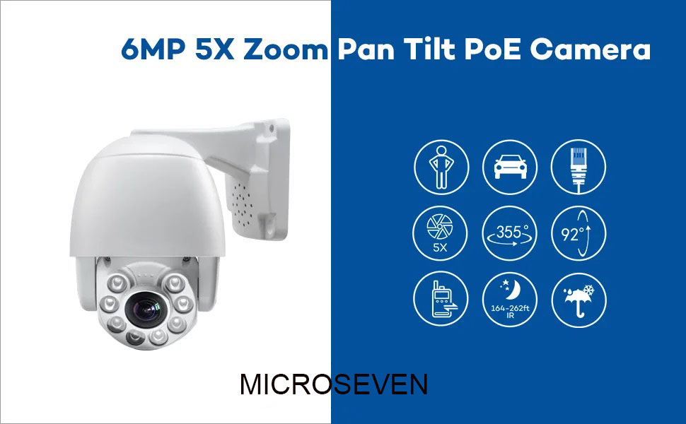 Microseven Open Source 6MP (3072x2048) UltraHD PoE+ 355° Pan 92° Tilt 5X 2.7-13.5MM Optical Zoom PTZ Speed Dome IP Camera, Human Vehicle Motion Detection & Auto Tracking, Indoor / Outdoor, WDR, DNR, Day & Night,IP66 Weatherproof, Built-in 256GB SDcard Slot, Two-Way Audio, Auto Cruise,ONVIF, Web GUI & Apps, VMS (Video Management System),24Hr Cloud Storage + Broadcasting on YouTube,Facebook & Microseven.tv