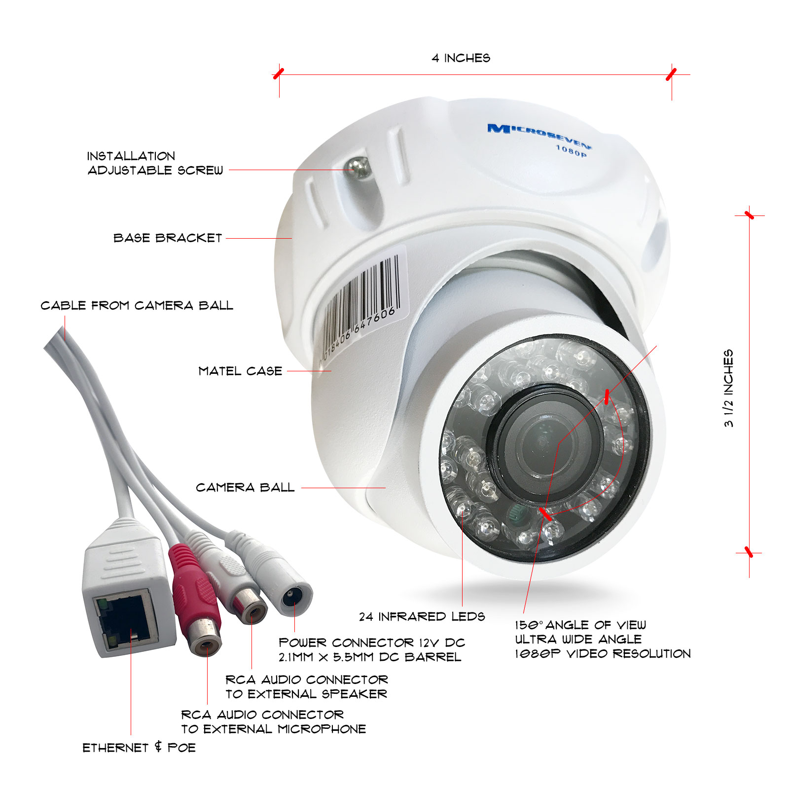 Microseven Open Source WDR ProHD 1080P / 30fps 1/2.5" COMS Ultra-Wide View Angle (150°) 4K Lens +Two Way Audio P2P Dome IP Camera Build-in POE Day & Night Indoor / Outdoor Compatible with Any ONVIF NVR, Web GUI & Apps, Freww VMS, Free M7 Cloud and Free Live Streaming on microseven.tv / Works with Alexa, and for Machine Learning