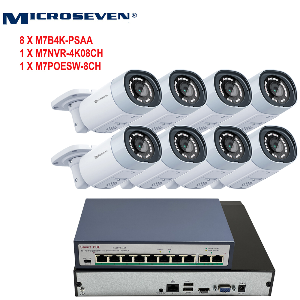 MICROSEVEN 8MP 8CH PoE Home Security Camera System with Audio & Works with Alexa for 24x7 Recording,(8) Outdoor 8MP Bullet PoE IP Cameras, 100ft IR Night, 8 Channel 8MP NVR, Microseven 8ch PoE Switch, Support Upto 10TB HDD