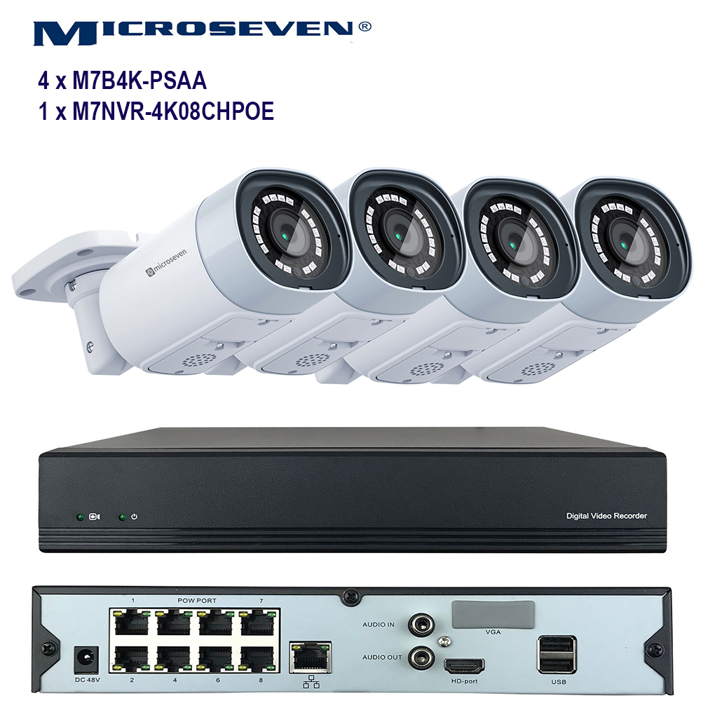 MICROSEVEN 8MP 8CH PoE Home Security Camera System with Audio & Works with  Alexa for 24x7 Recording,(4) Outdoor 4K/8MP Bullet PoE IP Cameras, 100ft IR Night, 8 Channel 8MP PoE NVR, Support Upto 8TB HDD