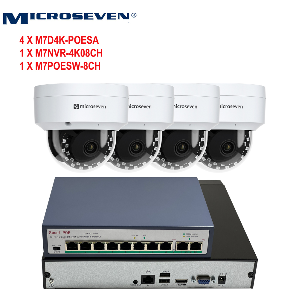 MICROSEVEN 8MP 8CH PoE Home Security Camera System with Audio & Works with Alexa for 24x7 Recording,(4) Outdoor 8MP Vandel-Proof PoE IP Cameras, 100ft IR Night, 8 Channel 8MP NVR, M7 POE Switch ( 8 PoE Ports + 2 Uplink ) Support Upto 10TB HDD