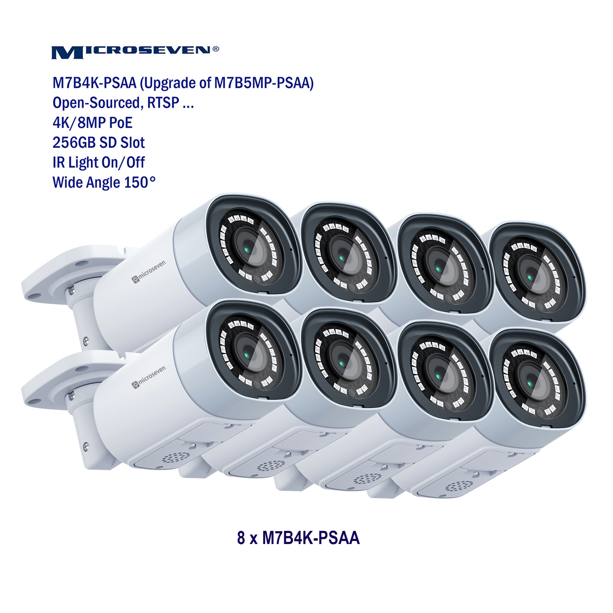 MICROSEVEN 8MP 8CH PoE Home Security Camera System with Audio & Works with Alexa for 24x7 Recording,(8) Outdoor 8MP Bullet PoE IP Cameras, 100ft IR Night, 8 Channel 8MP PoE NVR, Support Upto 8TB HDD