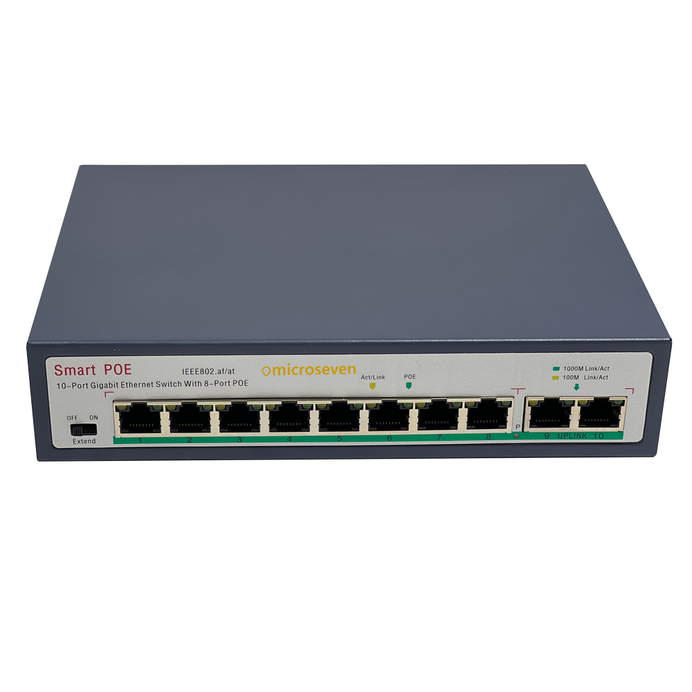 Microseven AI PoE Switch (8 POE Ports +2 Uplink), 802.3af/at PoE+ 100Mbps, 120W Built-in Power, Extend to 250 Meter, Unmanaged Metal Plug and Play