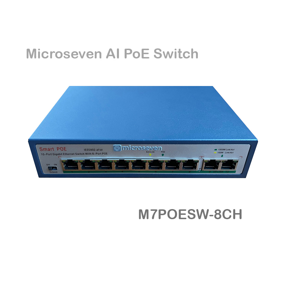 Microseven AI PoE Switch (8 POE Ports +2 Uplink), 802.3af/at PoE+ 100Mbps, 120W Built-in Power, Extend to 250 Meter, Unmanaged Metal Plug and Play