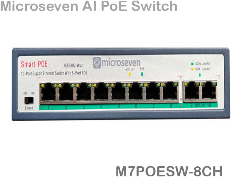 Microseven AI PoE Switch (8 POE Ports +2 Uplink), 802.3af/at PoE+ 100Mbps, 120W Built-in Power, Extend to 250 Meter, Unmanaged Metal Plug and Play