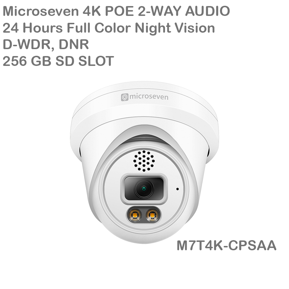 Microseven 4K/8MP Full Color Night Vision PoE Indoor / Outdoor IP Camera, UltraHD 8MP PoE IP Turret Security Camera with Human/Vehicle Detection, Two-Way Audio Wide Angle, WDR, DNR, 256GB SD Slot, Waterproof, ONVIF CCTV Surveillance Camera, Web GUI & Apps, VMS (Video Management System) Cloud Storage+ Broadcasting on YouTube, Facebook & Microseven.tv