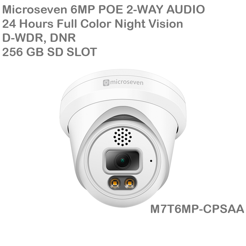 Microseven 6MP (3072x2048) Full Color Night Vision PoE Indoor / Outdoor IP Camera, UltraHD 6MP PoE IP Turret Security Camera with Human/Vehicle Detection, Two-Way Audio Wide Angle, WDR, DNR, 256GB SD Slot, Waterproof, ONVIF CCTV Surveillance Camera, Web GUI & Apps, VMS (Video Management System) Cloud Storage+ Broadcasting on YouTube, Facebook & Microseven.tv